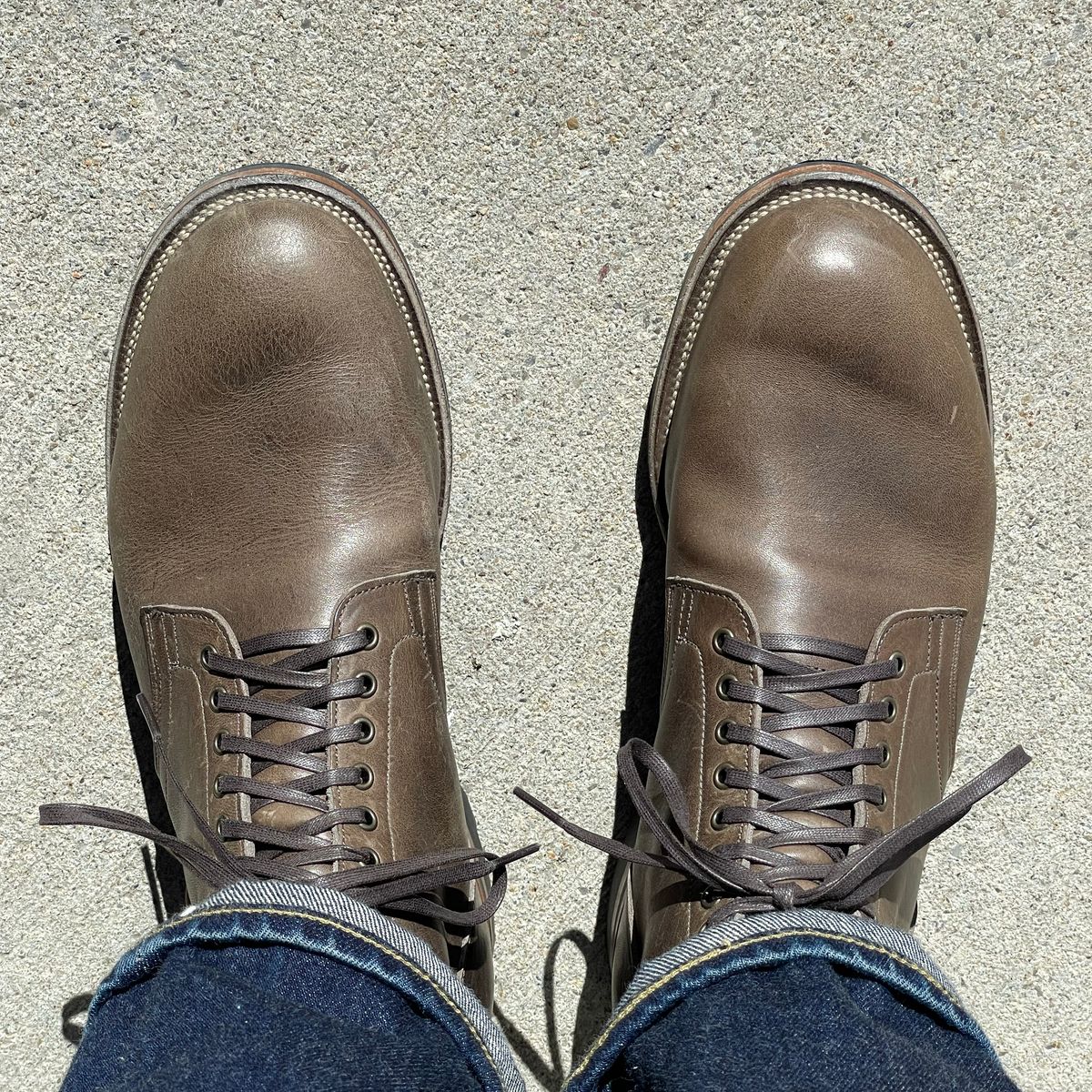 Photo by RemyTwotimes on April 7, 2024 of the Viberg Service Boot in C.F. Stead Classic Grey Oiled Culatta.