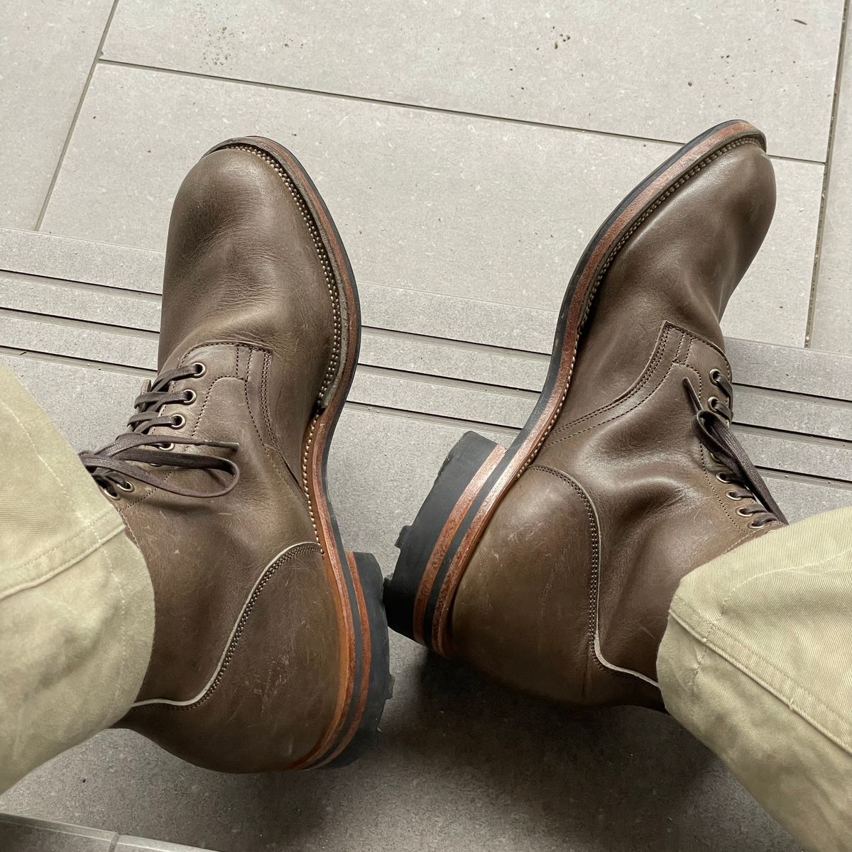 Photo by RemyTwotimes on April 23, 2024 of the Viberg Service Boot in C.F. Stead Classic Grey Oiled Culatta.