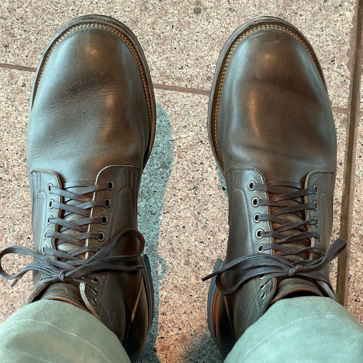 Photo by RemyTwotimes on April 28, 2024 of the Viberg Service Boot in C.F. Stead Classic Grey Oiled Culatta.