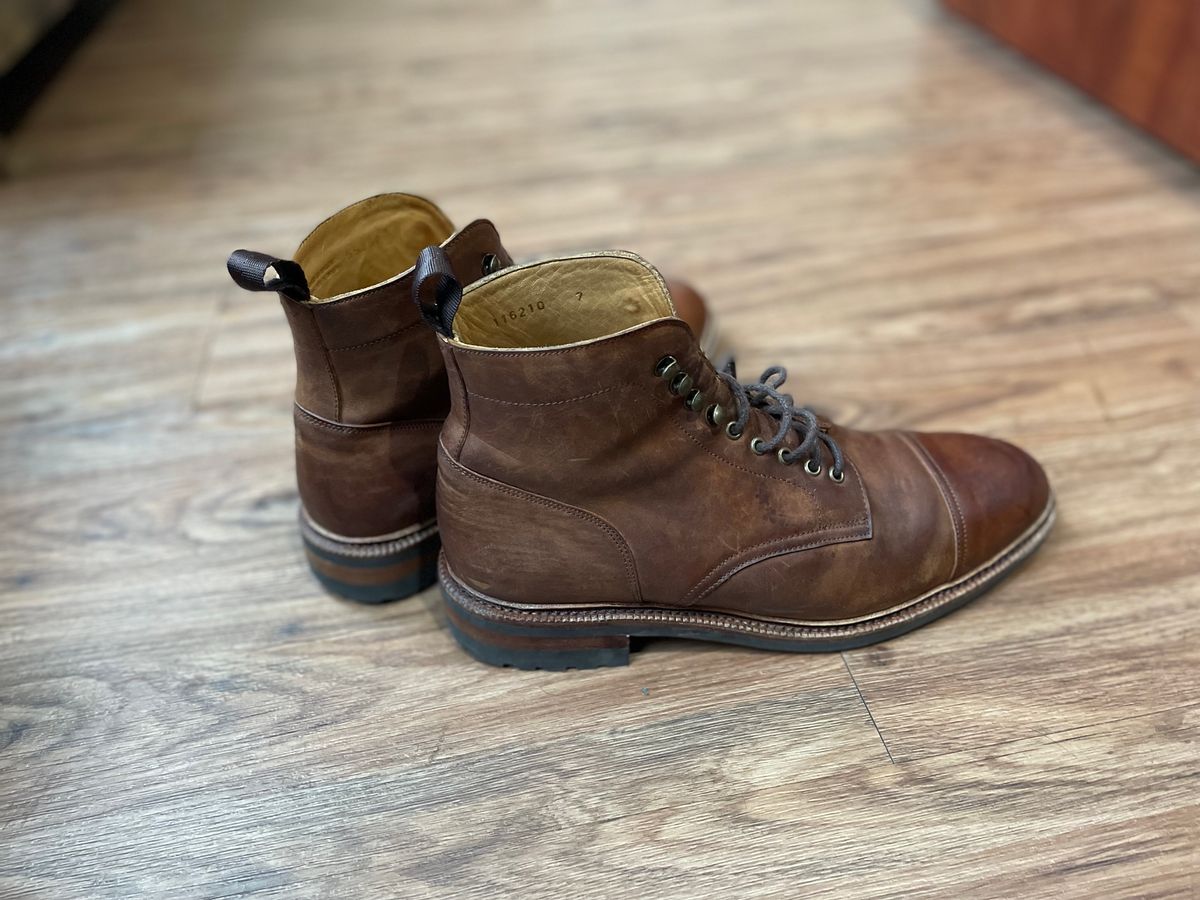 Photo by WalkingToMyWedding on December 3, 2023 of the Meermin Jumper Boot in Tobacco Waxy Shell Cordovan.