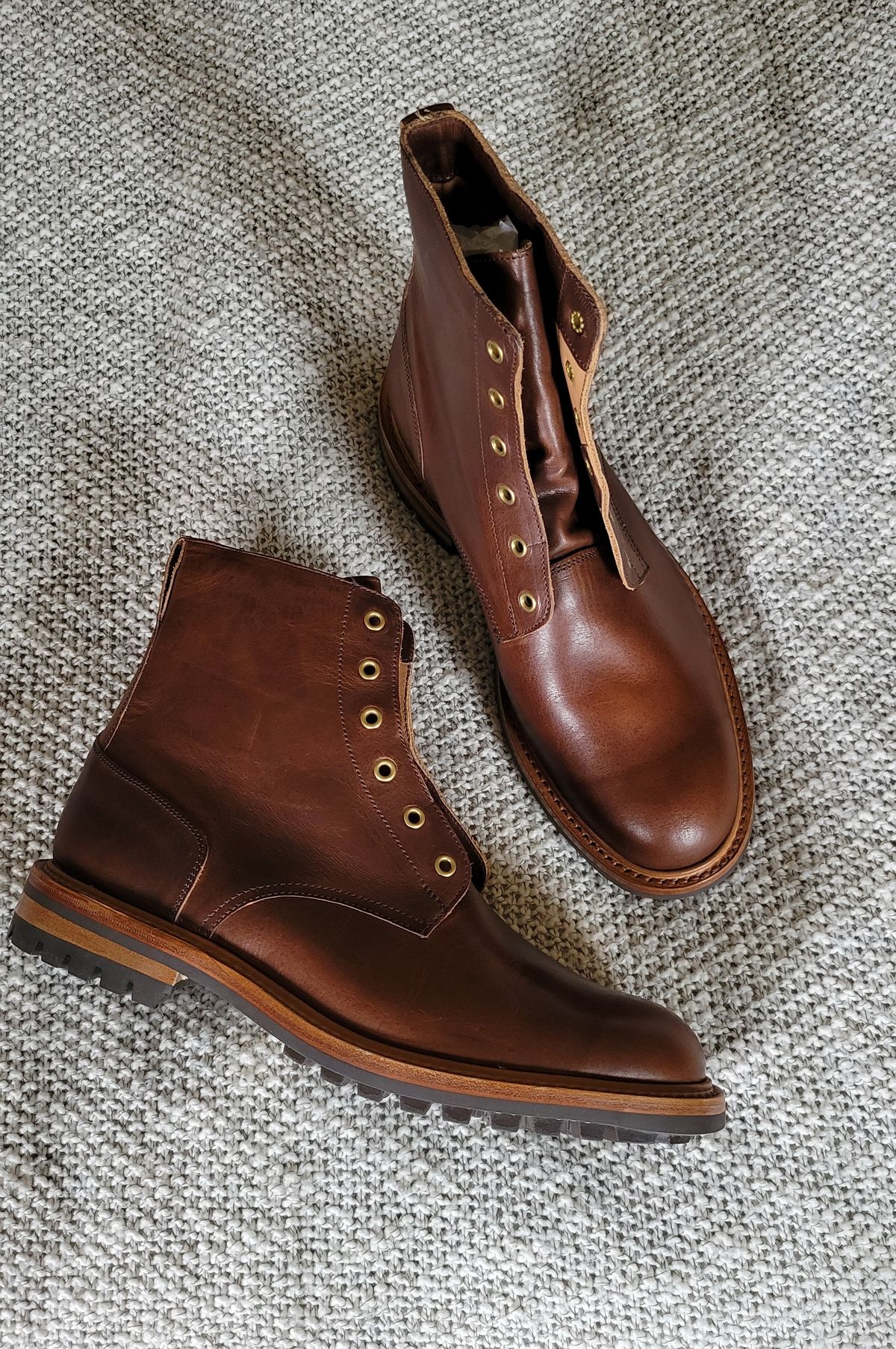 Photo by chicagosouthloop on April 13, 2025 of the Tricker's Low Logger Boot in Horween Brown Nut Dublin.