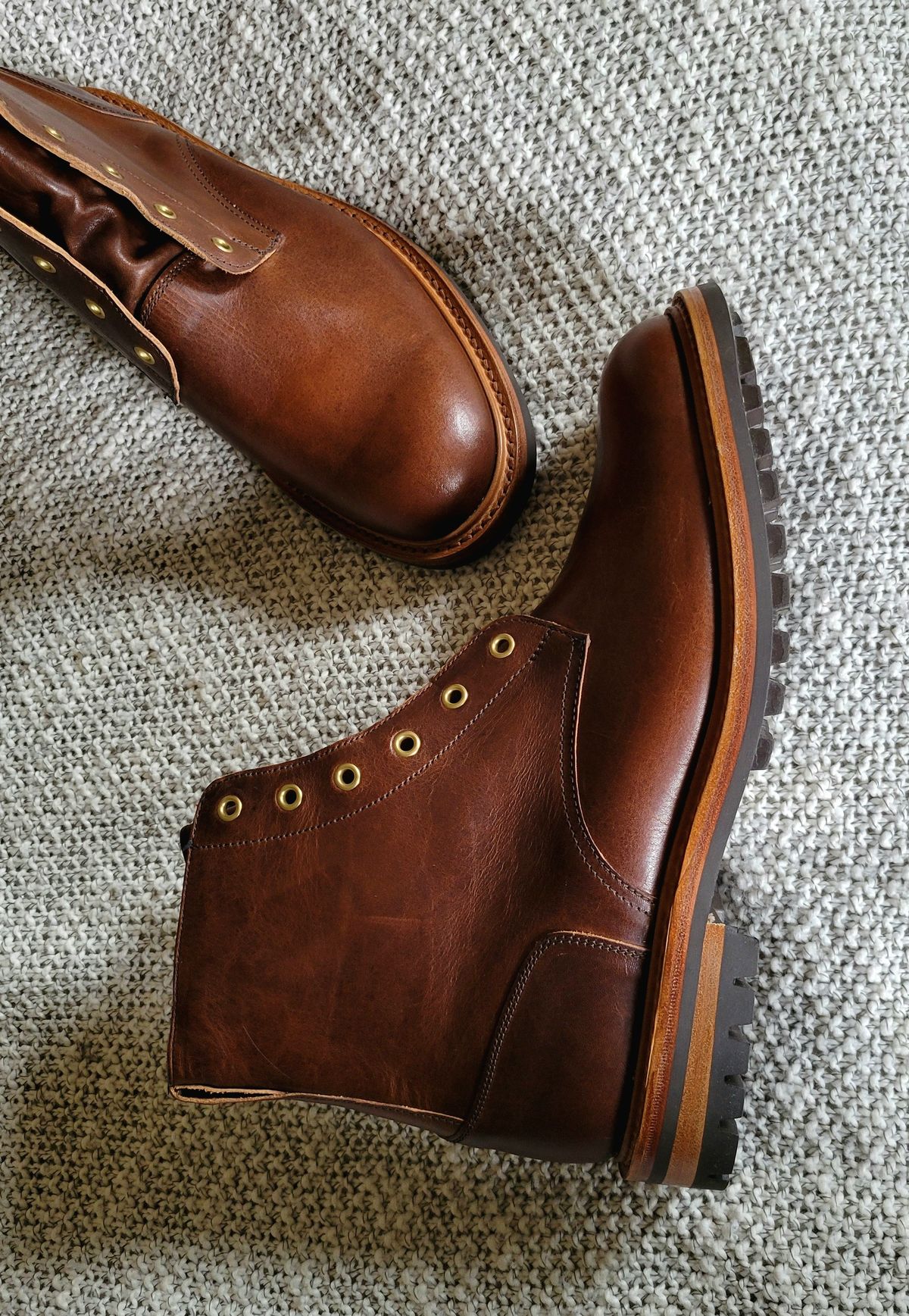 Photo by chicagosouthloop on April 13, 2025 of the Tricker's Low Logger Boot in Horween Brown Nut Dublin.