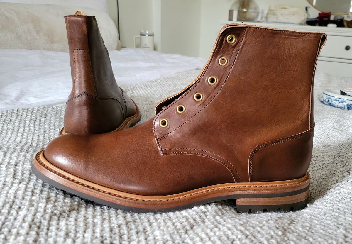 Photo by chicagosouthloop on April 13, 2025 of the Tricker's Low Logger Boot in Horween Brown Nut Dublin.