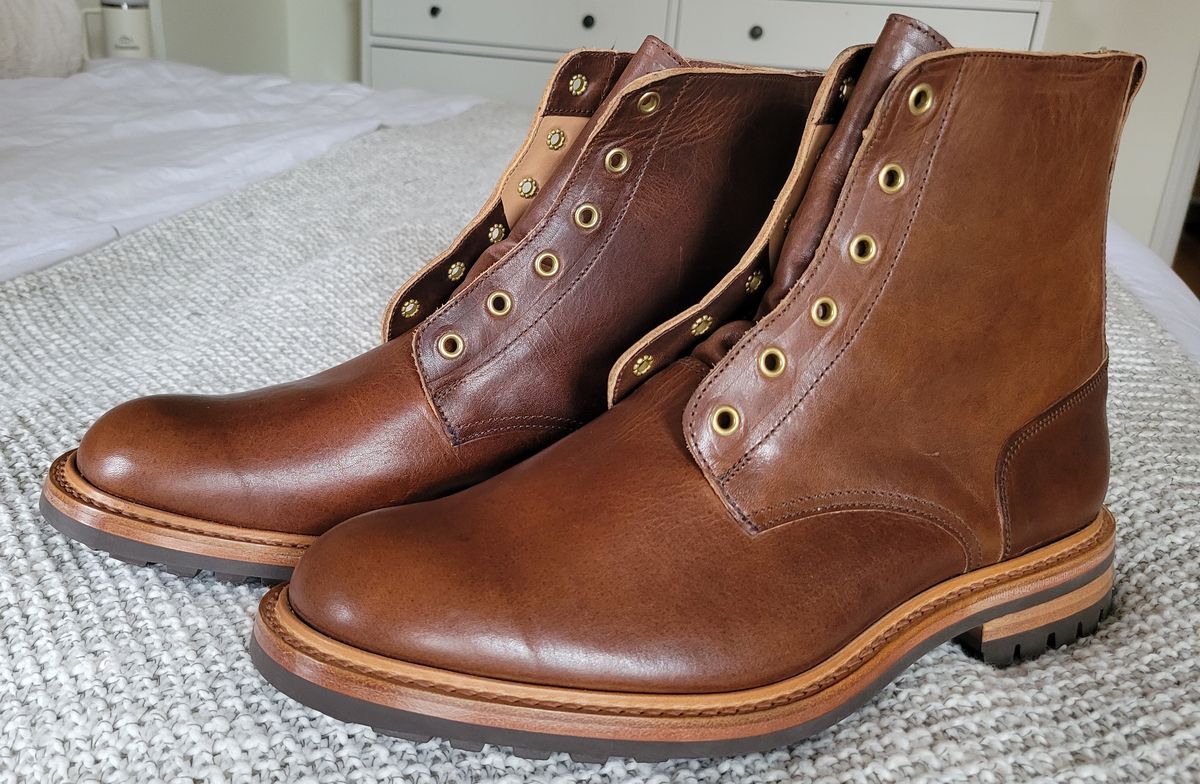 Photo by chicagosouthloop on April 13, 2025 of the Tricker's Low Logger Boot in Horween Brown Nut Dublin.