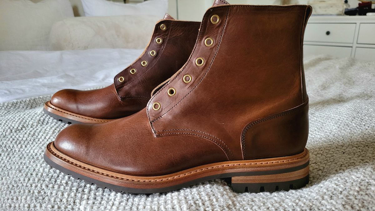 Photo by chicagosouthloop on April 13, 2025 of the Tricker's Low Logger Boot in Horween Brown Nut Dublin.