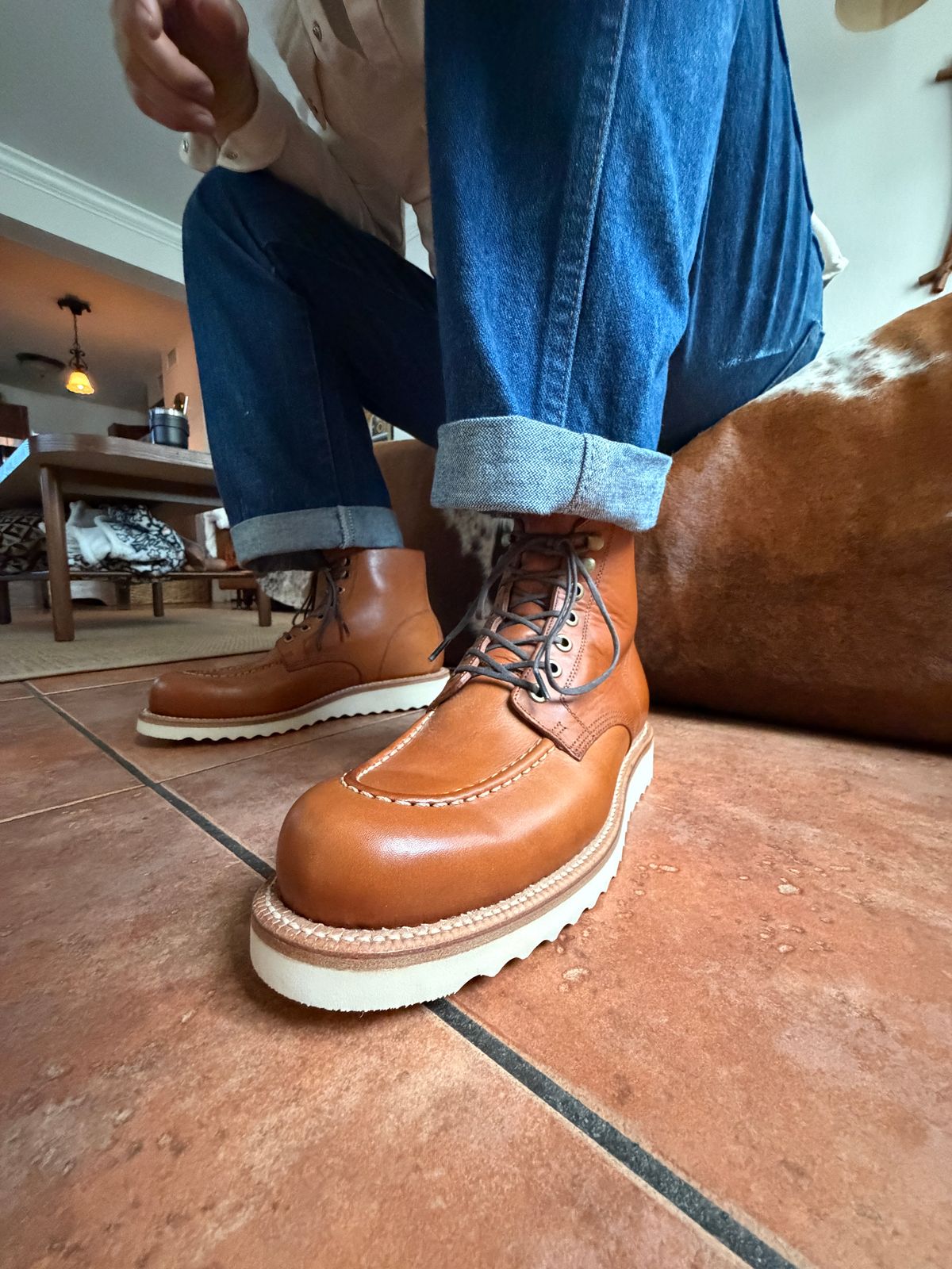 Photo by ComonomoC on January 20, 2026 of the Grant Stone Brass Boot in Badalassi Carlo Saddle Tan Minerva.