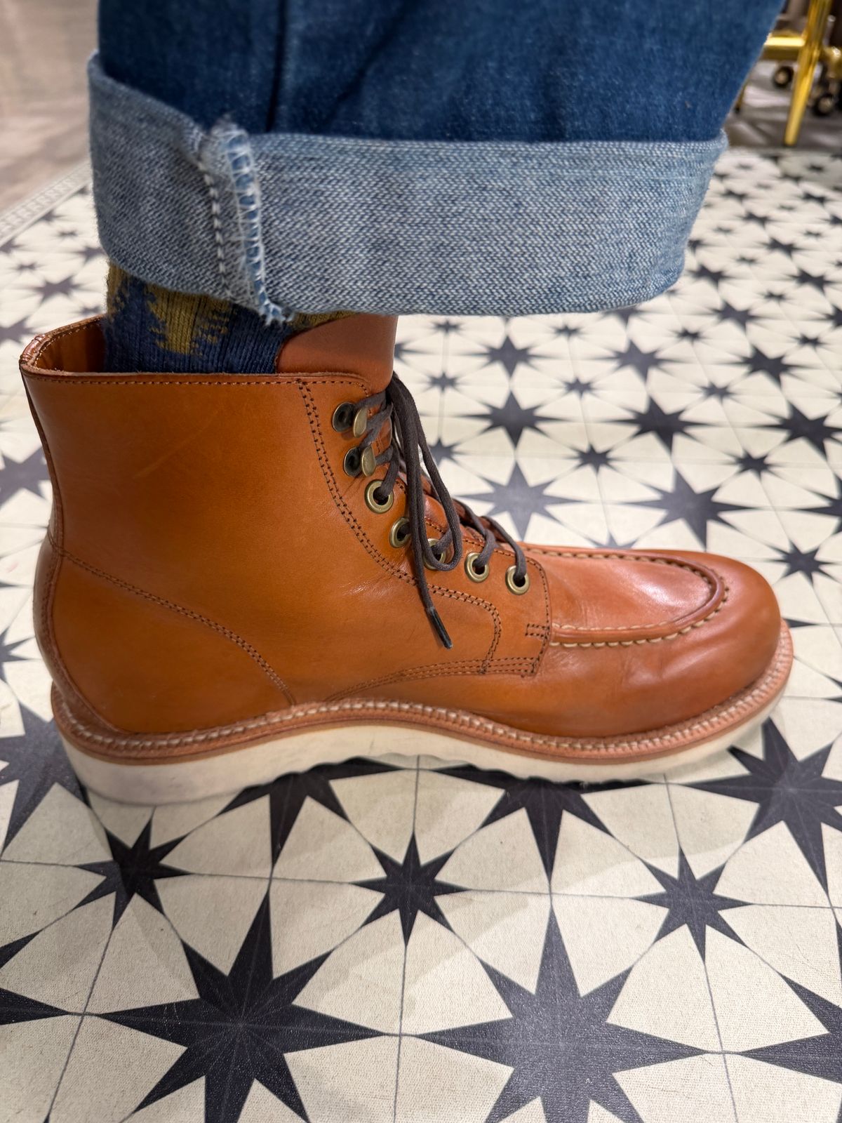 Photo by ComonomoC on January 20, 2026 of the Grant Stone Brass Boot in Badalassi Carlo Saddle Tan Minerva.