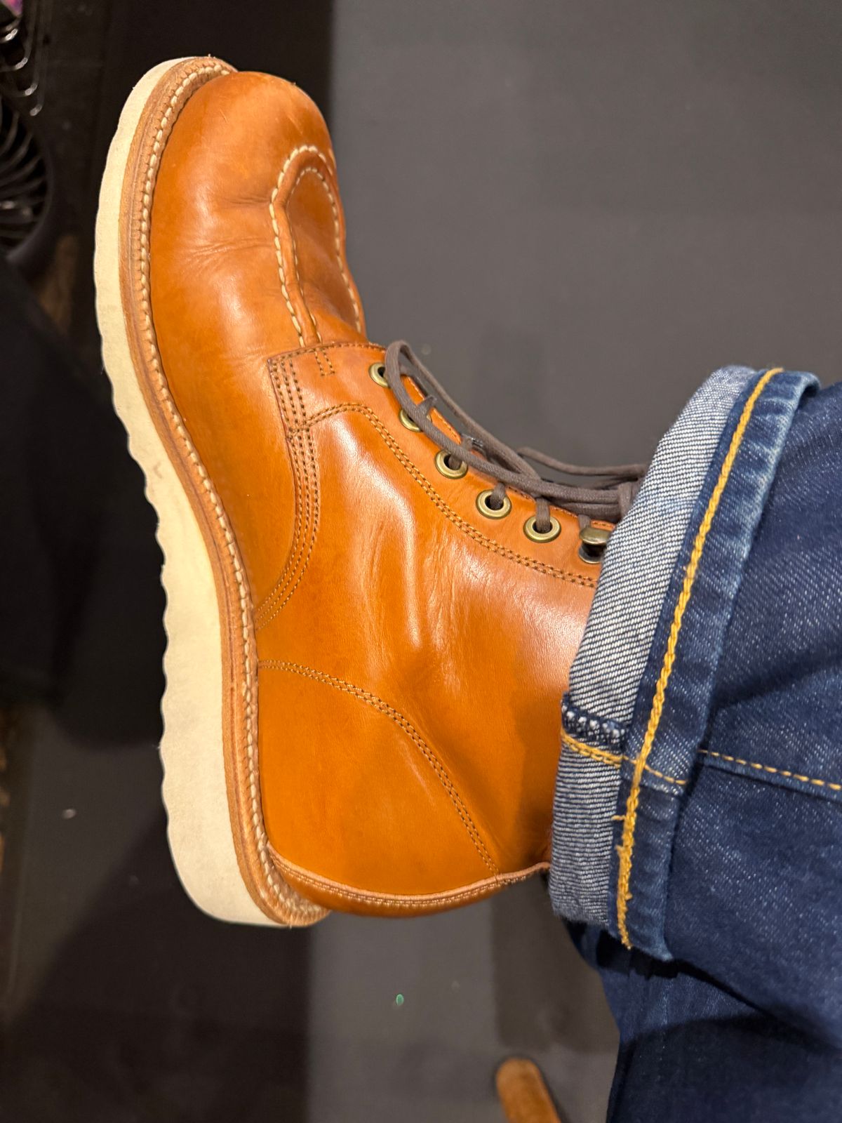 Photo by ComonomoC on June 2, 2026 of the Grant Stone Brass Boot in Badalassi Carlo Saddle Tan Minerva.