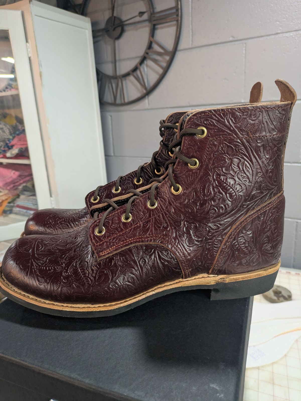 Photo by hooknpunch on September 29, 2025 of the Hook & Punch Derby Boot in Horween Color 8 Chromexcel Strips (Western Floral Stamped).