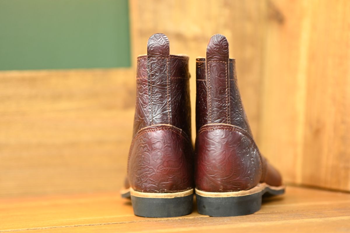 Photo by hooknpunch on October 1, 2025 of the Hook & Punch Derby Boot in Horween Color 8 Chromexcel Strips (Western Floral Stamped).