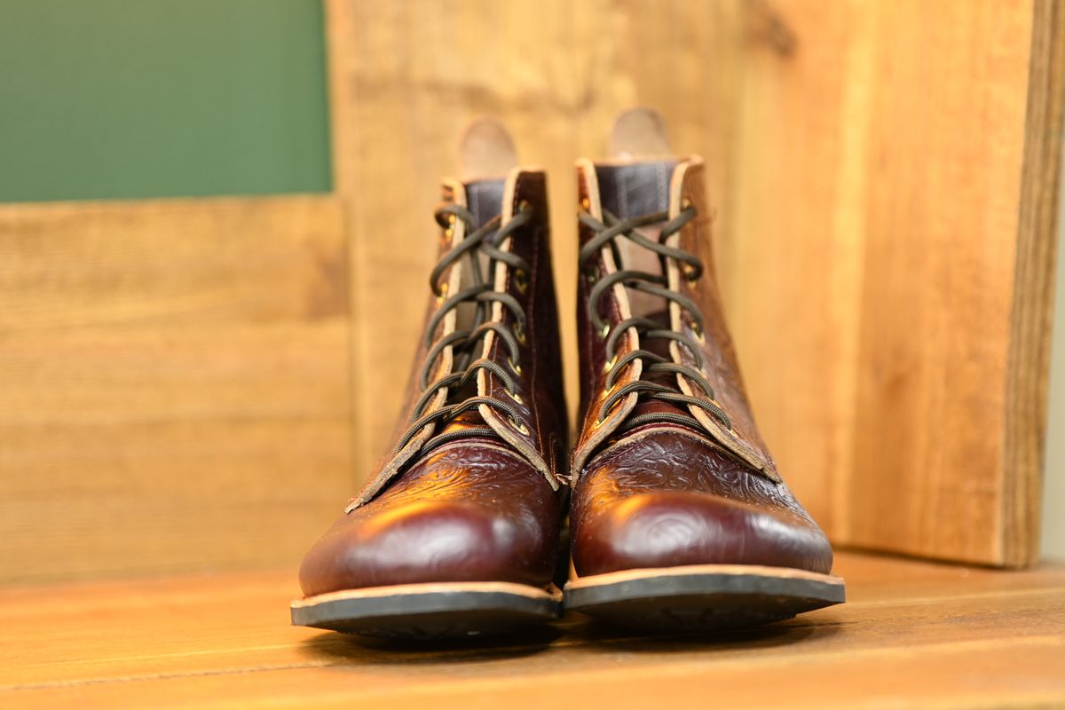 Photo by hooknpunch on October 1, 2025 of the Hook & Punch Derby Boot in Horween Color 8 Chromexcel Strips (Western Floral Stamped).