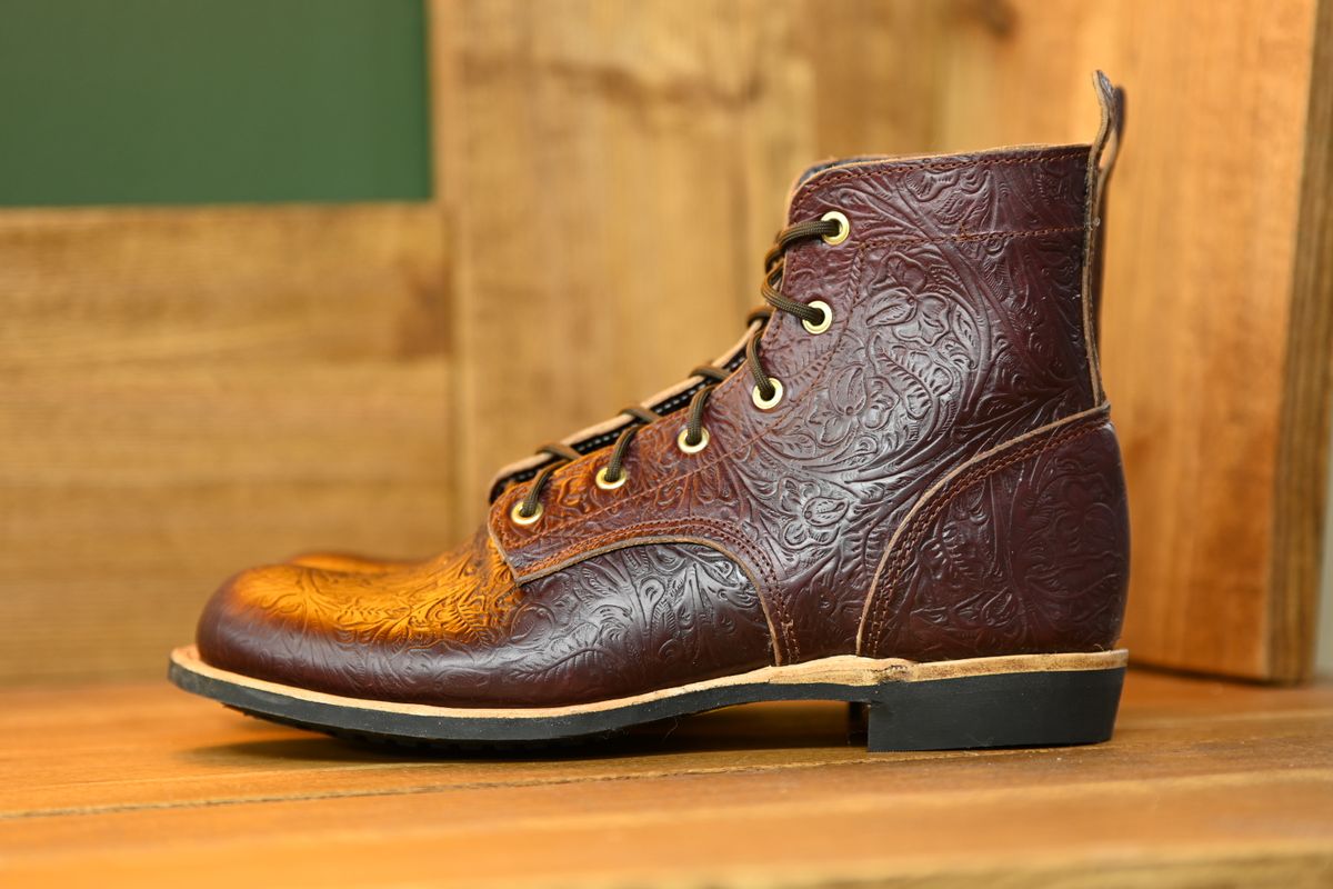 Photo by hooknpunch on October 1, 2025 of the Hook & Punch Derby Boot in Horween Color 8 Chromexcel Strips (Western Floral Stamped).