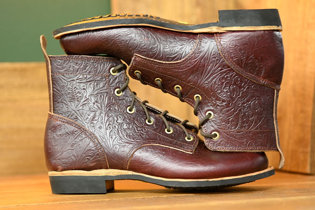 Photo by hooknpunch on October 1, 2025 of the Hook & Punch Derby Boot in Horween Color 8 Chromexcel Strips (Western Floral Stamped).