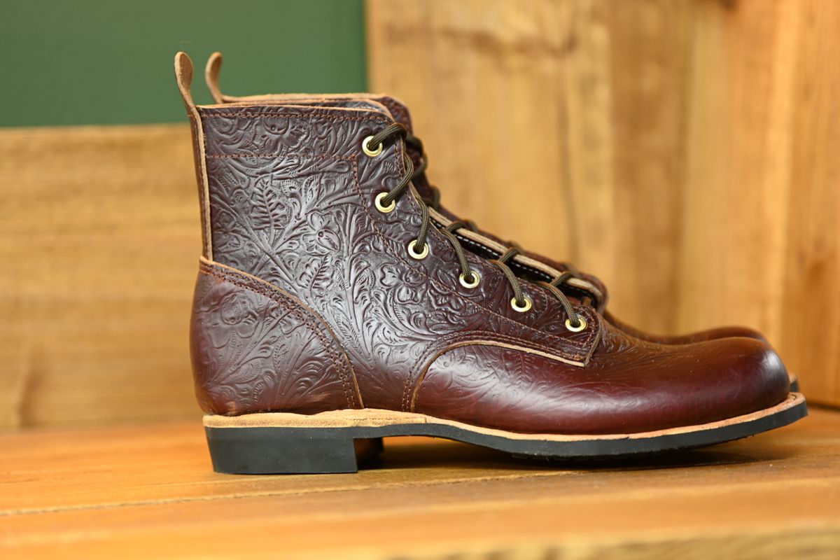 Photo by hooknpunch on October 1, 2025 of the Hook & Punch Derby Boot in Horween Color 8 Chromexcel Strips (Western Floral Stamped).