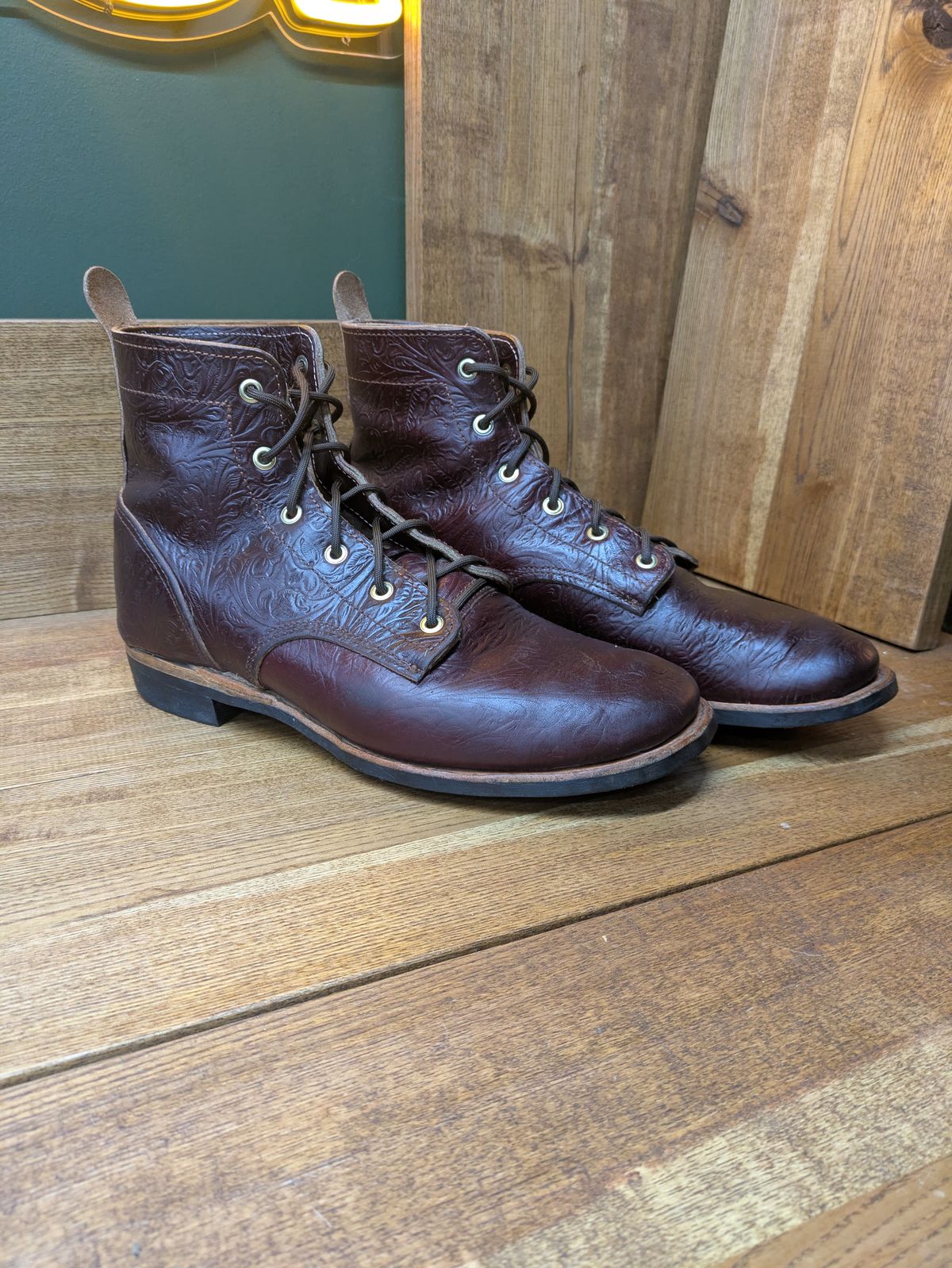 Photo by hooknpunch on November 4, 2025 of the Hook & Punch Derby Boot in Horween Color 8 Chromexcel Strips (Western Floral Stamped).