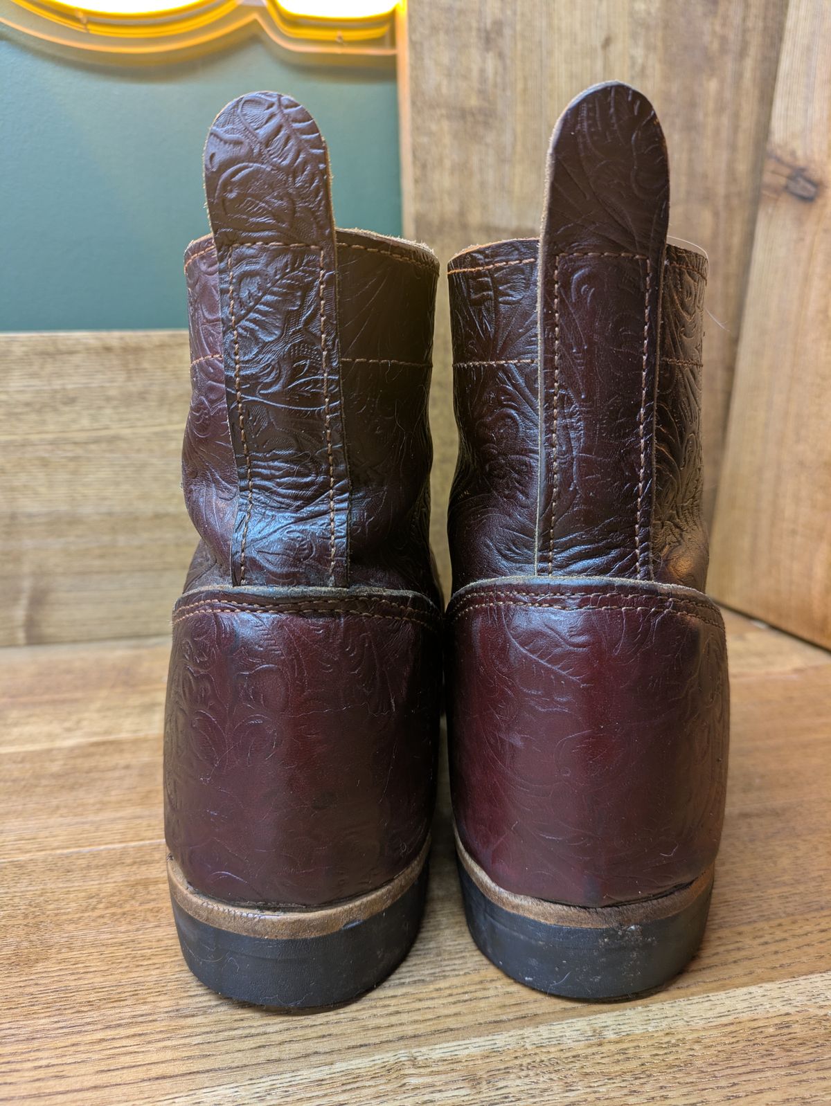 Photo by hooknpunch on November 4, 2025 of the Hook & Punch Derby Boot in Horween Color 8 Chromexcel Strips (Western Floral Stamped).