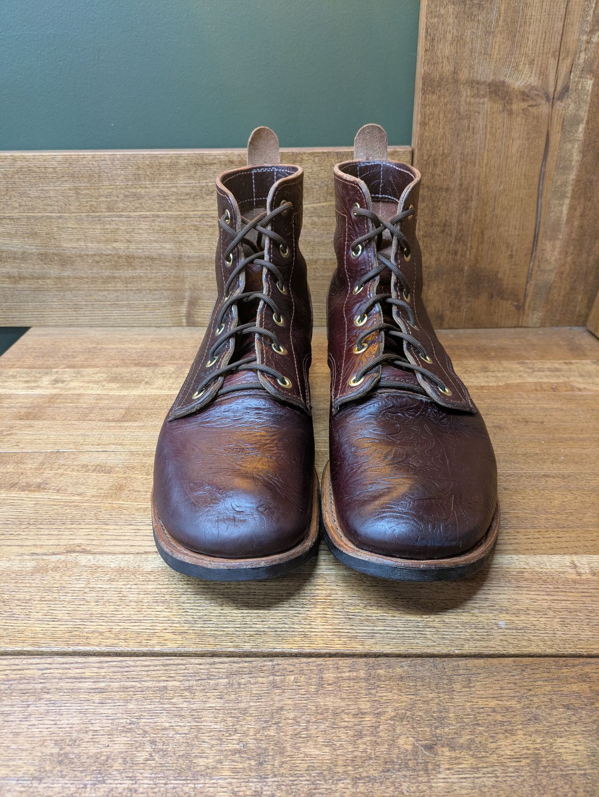 Photo by hooknpunch on November 4, 2025 of the Hook & Punch Derby Boot in Horween Color 8 Chromexcel Strips (Western Floral Stamped).