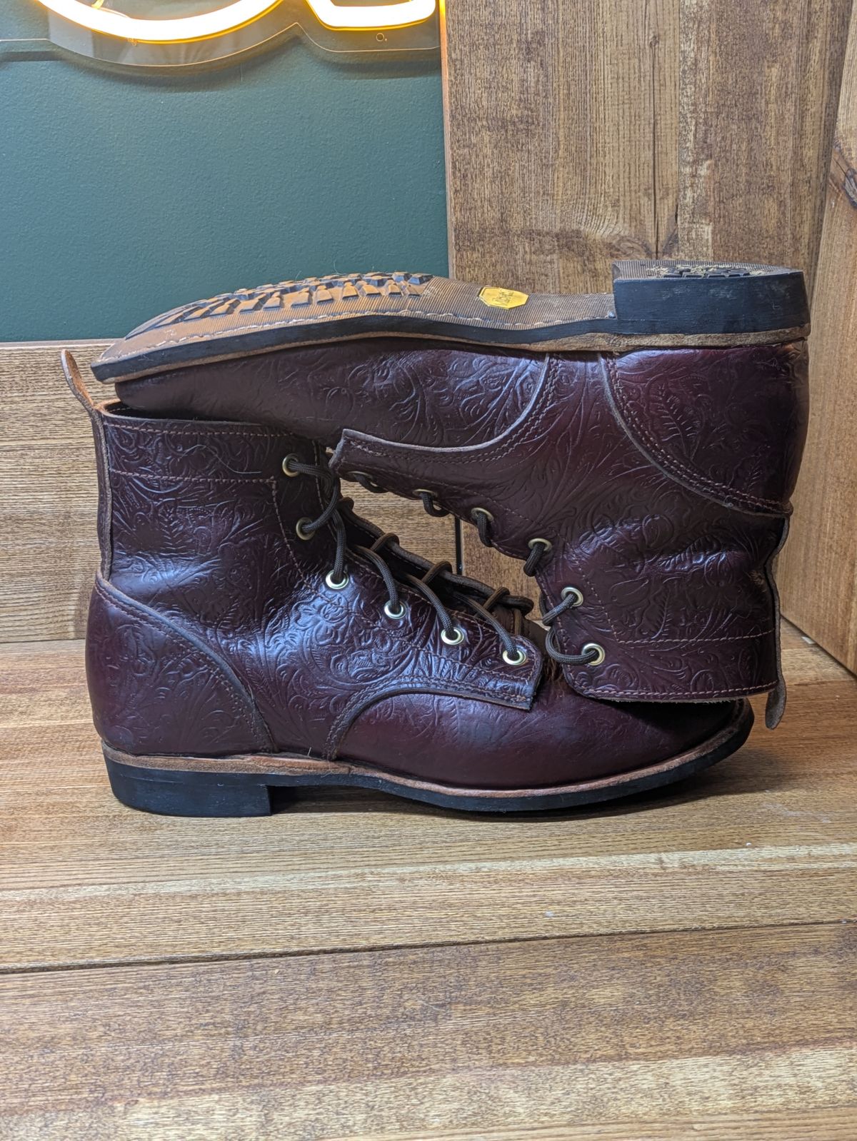Photo by hooknpunch on November 4, 2025 of the Hook & Punch Derby Boot in Horween Color 8 Chromexcel Strips (Western Floral Stamped).