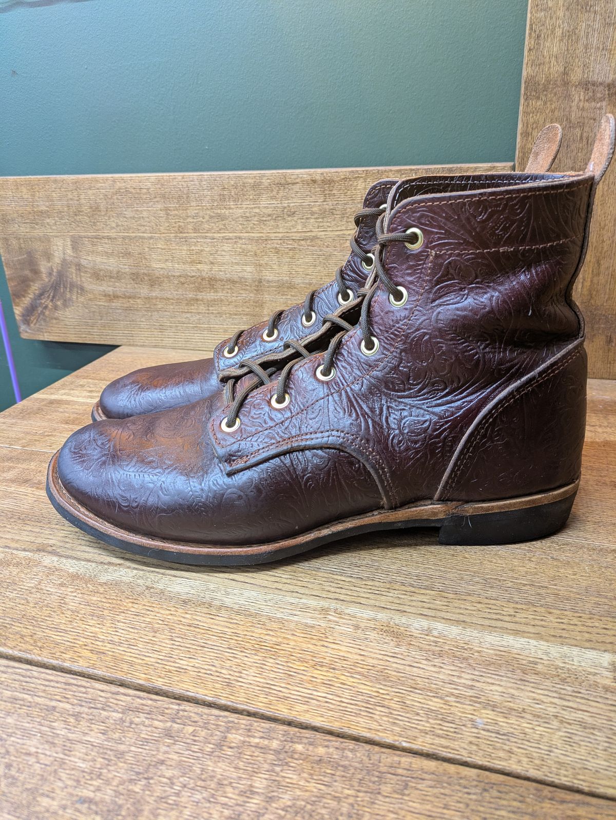 Photo by hooknpunch on November 4, 2025 of the Hook & Punch Derby Boot in Horween Color 8 Chromexcel Strips (Western Floral Stamped).