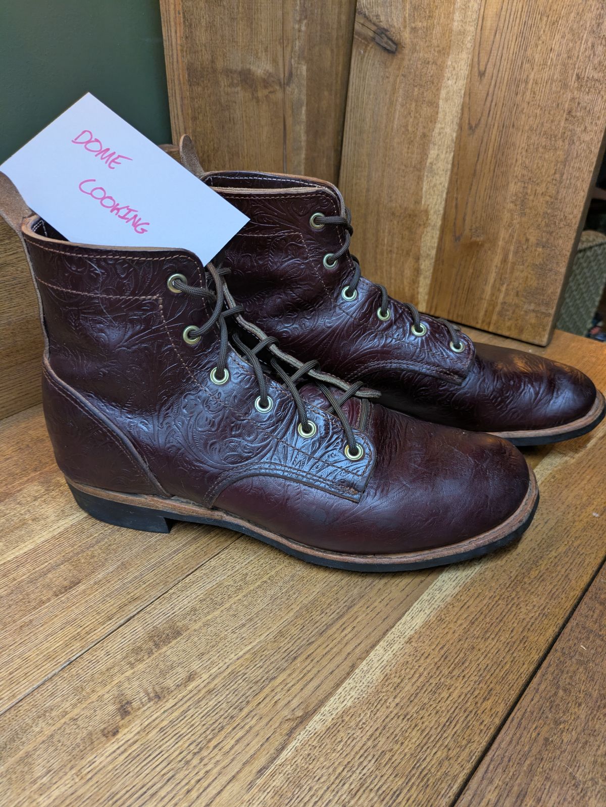 Photo by hooknpunch on November 4, 2025 of the Hook & Punch Derby Boot in Horween Color 8 Chromexcel Strips (Western Floral Stamped).