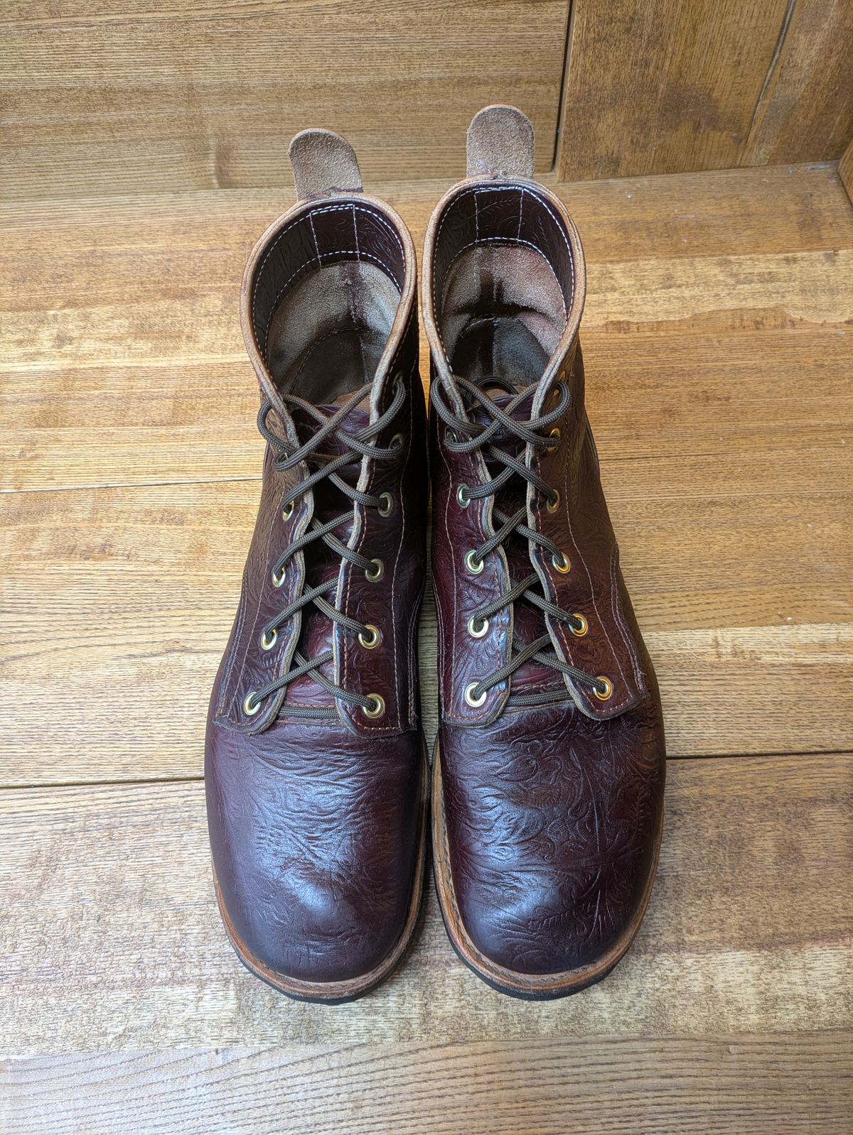 Photo by hooknpunch on November 4, 2025 of the Hook & Punch Derby Boot in Horween Color 8 Chromexcel Strips (Western Floral Stamped).