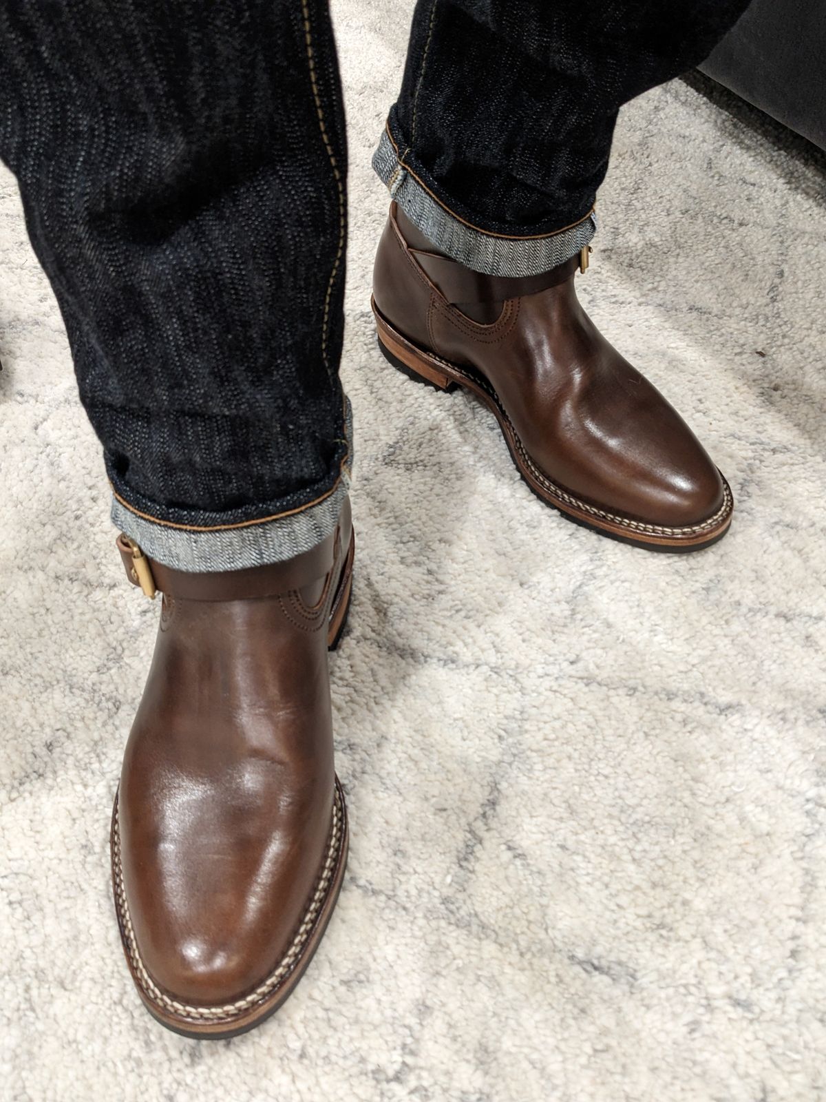 Photo by Trim_Man on October 1, 2022 of the Viberg Engineer in Horween Brown Chromexcel Horsebutt.