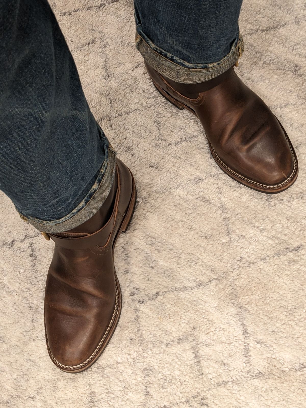 Photo by Trim_Man on March 6, 2023 of the Viberg Engineer in Horween Brown Chromexcel Horsebutt.