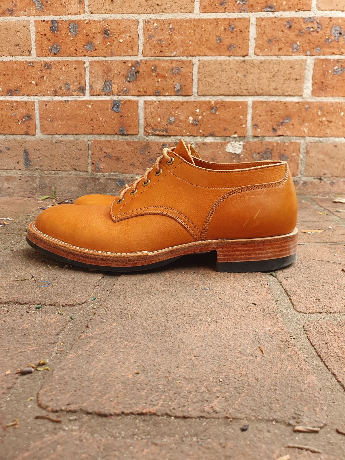 Photo by jasonissm on November 2, 2023 of the Onderhoud LVL01 Derby Boot in Tochigi Oil Vachetta #1 Light Brown.