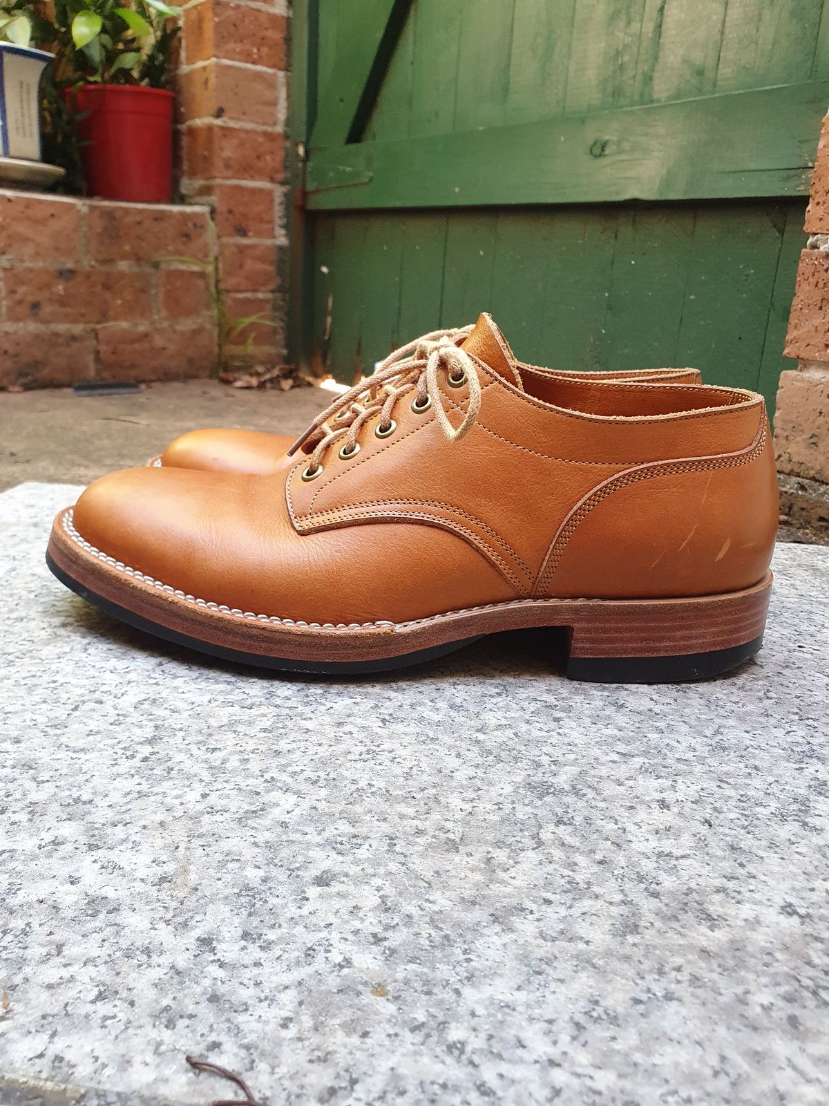Photo by jasonissm on December 3, 2023 of the Onderhoud LVL01 Derby Boot in Tochigi Oil Vachetta #1 Light Brown.