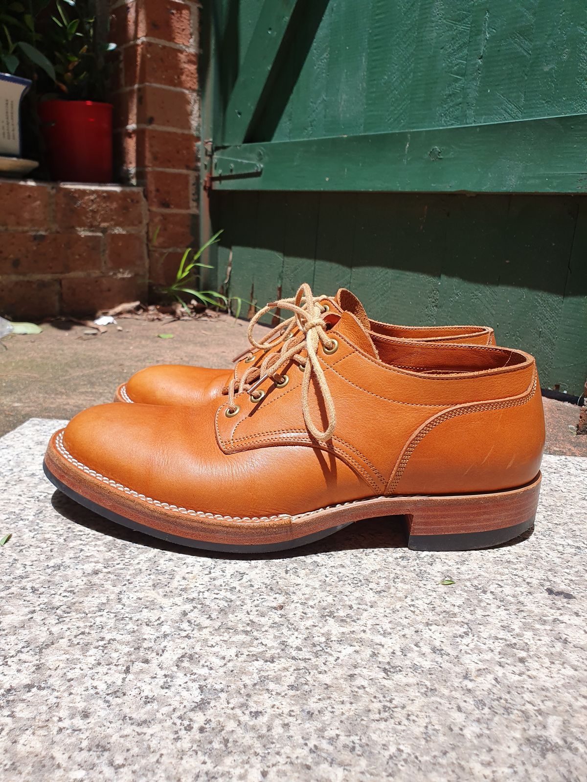Photo by jasonissm on January 2, 2024 of the Onderhoud LVL01 Derby Boot in Tochigi Oil Vachetta #1 Light Brown.