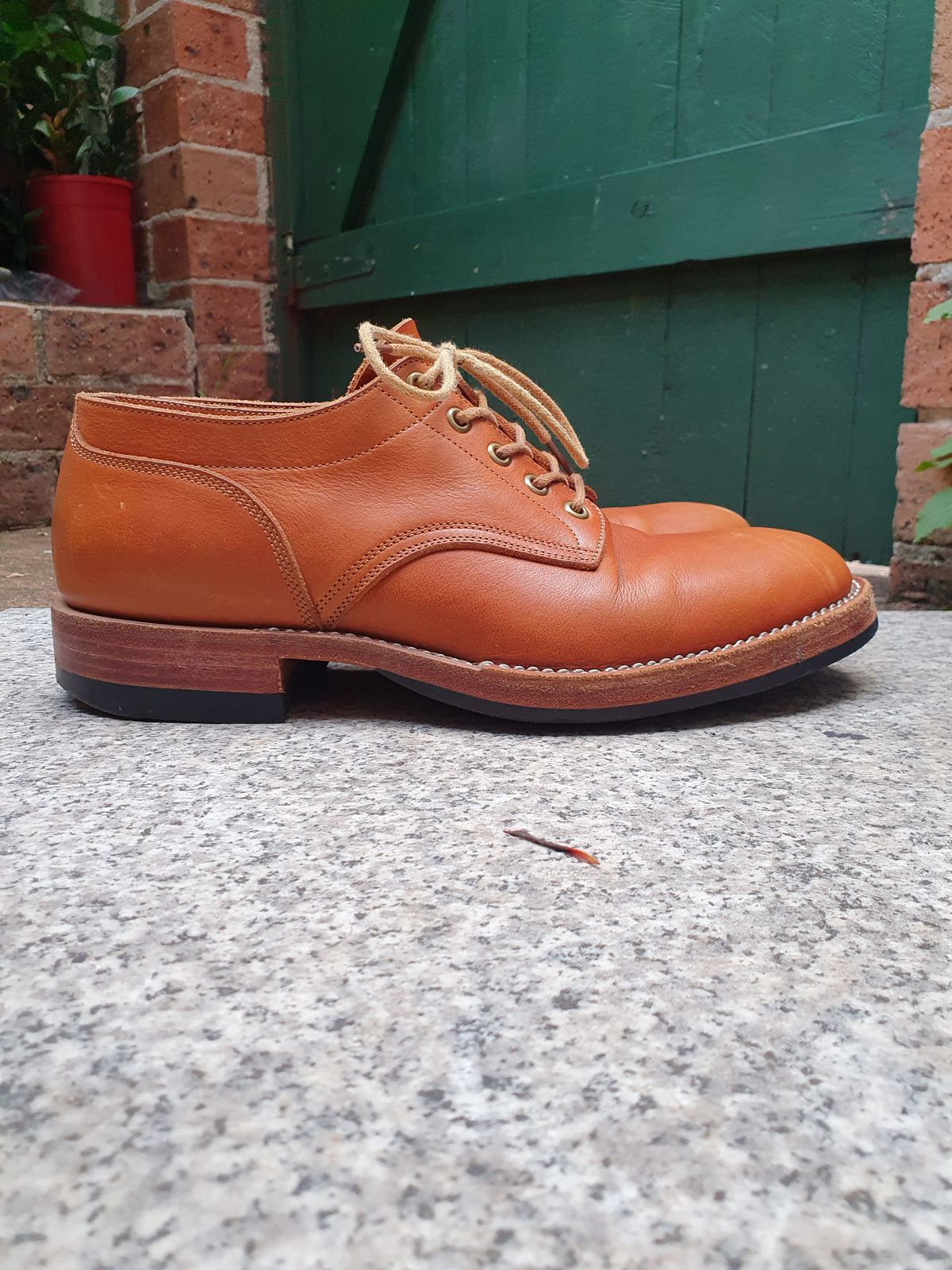 Photo by jasonissm on February 2, 2024 of the Onderhoud LVL01 Derby Boot in Tochigi Oil Vachetta #1 Light Brown.