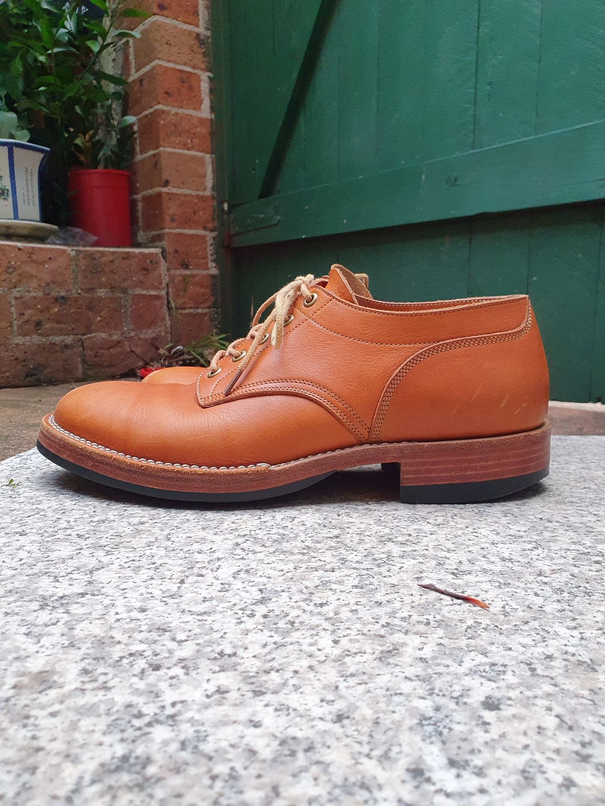 Photo by jasonissm on February 2, 2024 of the Onderhoud LVL01 Derby Boot in Tochigi Oil Vachetta #1 Light Brown.