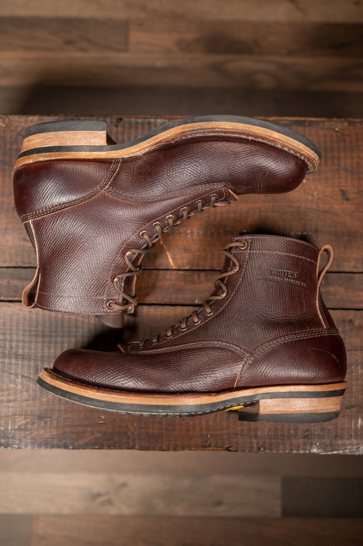 Photo by CarmineJackLeather on March 5, 2023 of the White's 350 Cutter in J&FJ Baker Brown Russian Calf.