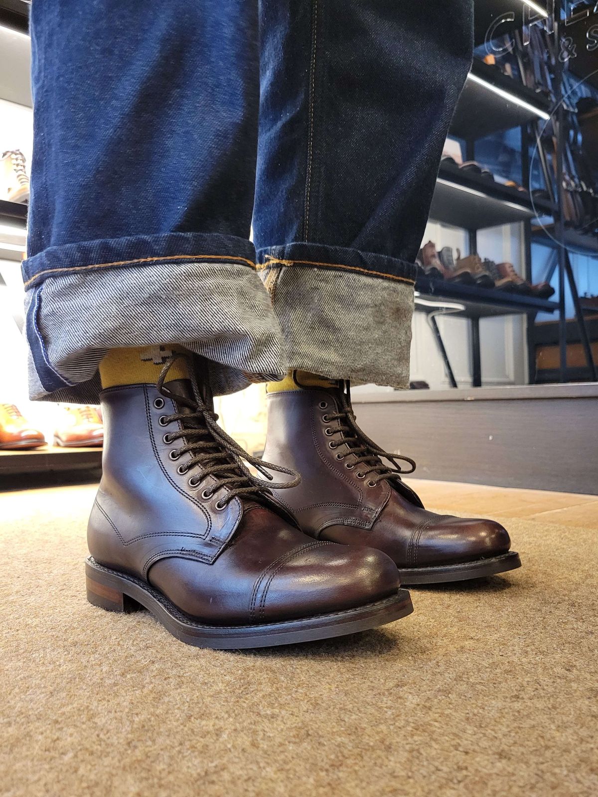 Photo by knoll on April 21, 2023 of the Cheaney Jess Capped Derby Boot in Horween Chicago Tan Chromexcel.