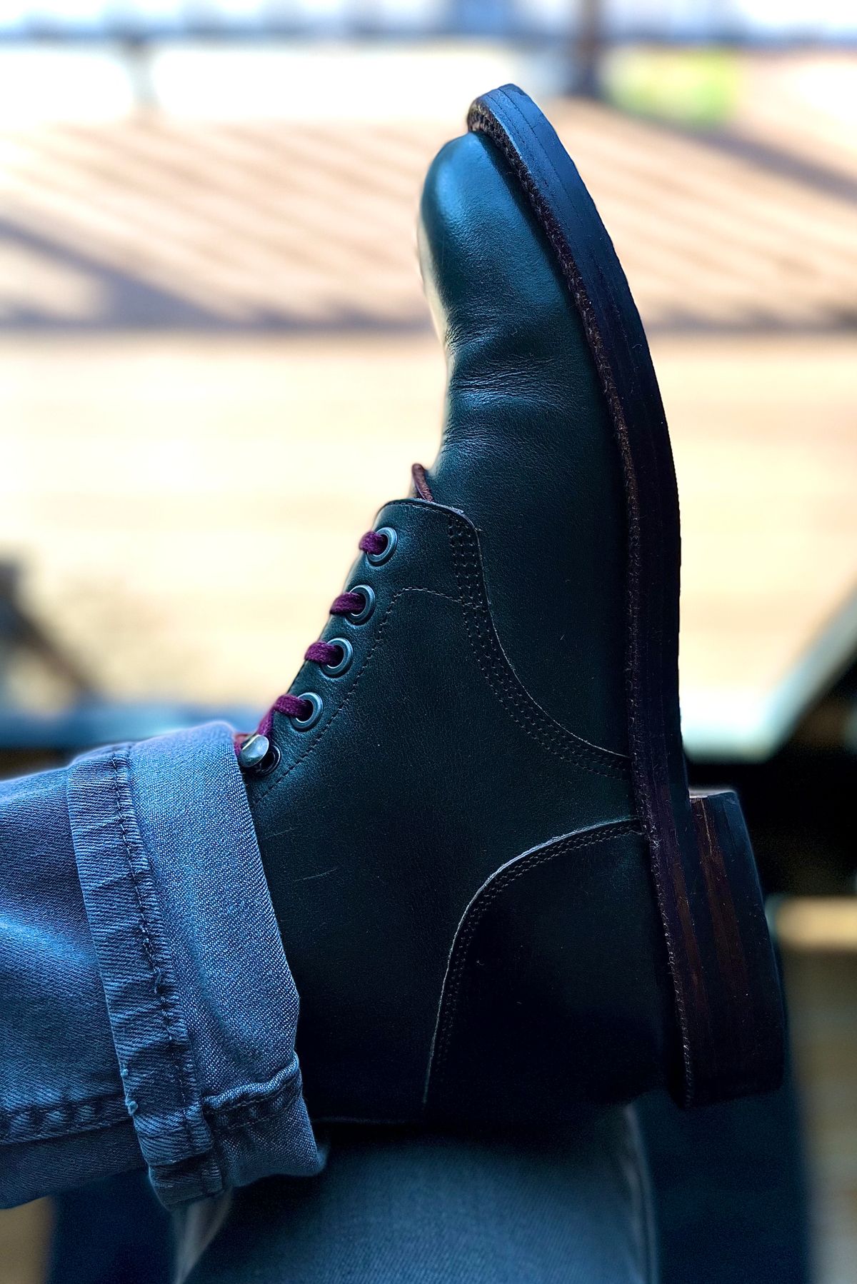 Photo by ShineSharpenFletch on March 30, 2023 of the Grant Stone Diesel Boot in Horween Navy Chromexcel.