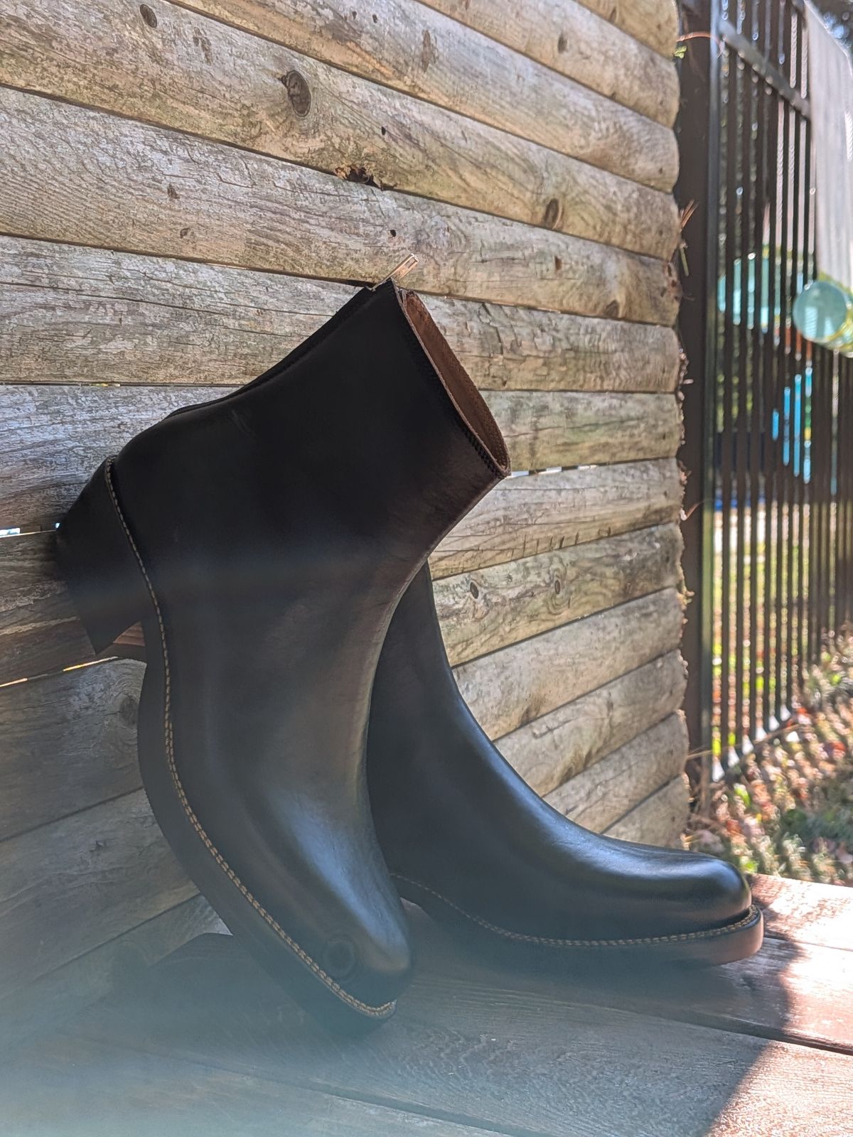 Photo by jacktheenthusiast on October 4, 2025 of the Fortis Boots Whole Cut Back Zipper Boots in Overdyed Black Indonesian Leather.