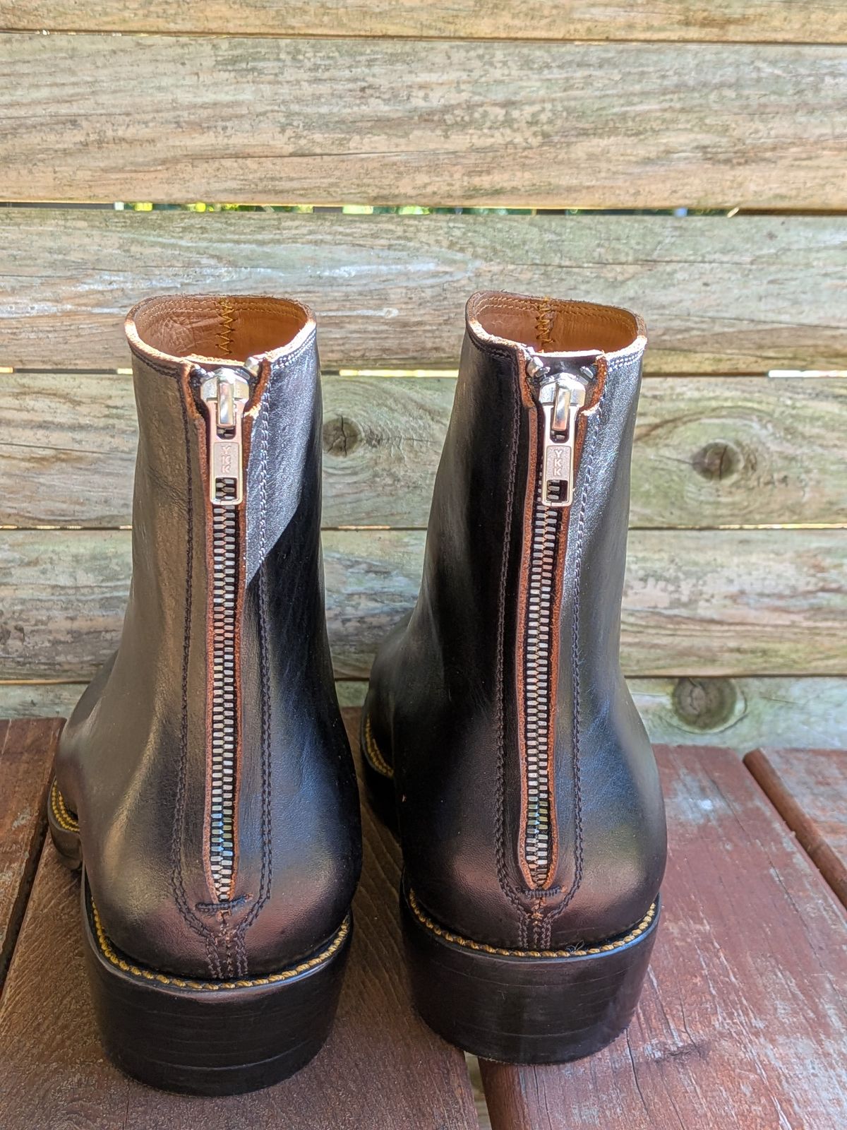 Photo by jacktheenthusiast on October 4, 2025 of the Fortis Boots Whole Cut Back Zipper Boots in Overdyed Black Indonesian Leather.