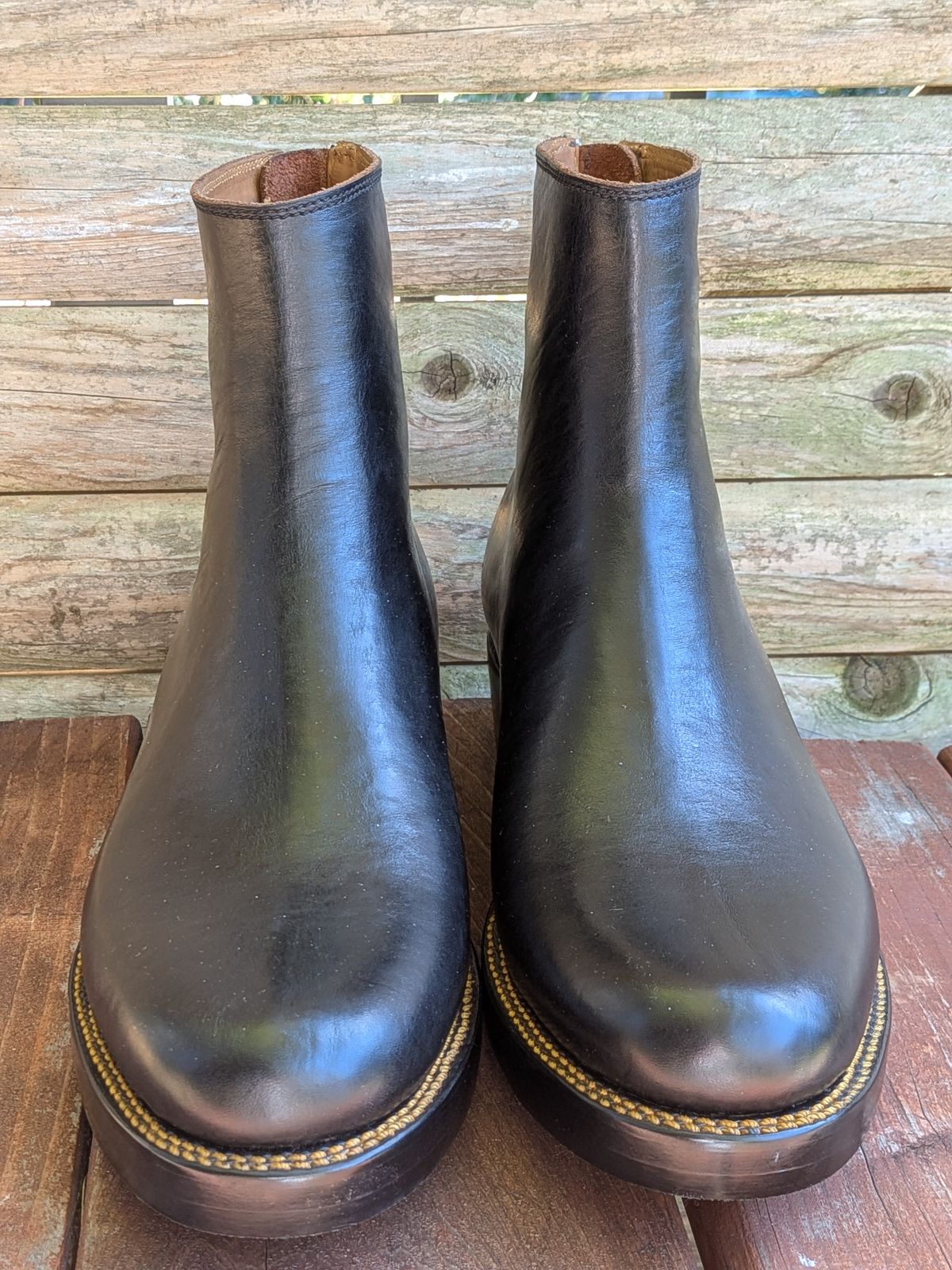 Photo by jacktheenthusiast on October 4, 2025 of the Fortis Boots Whole Cut Back Zipper Boots in Overdyed Black Indonesian Leather.