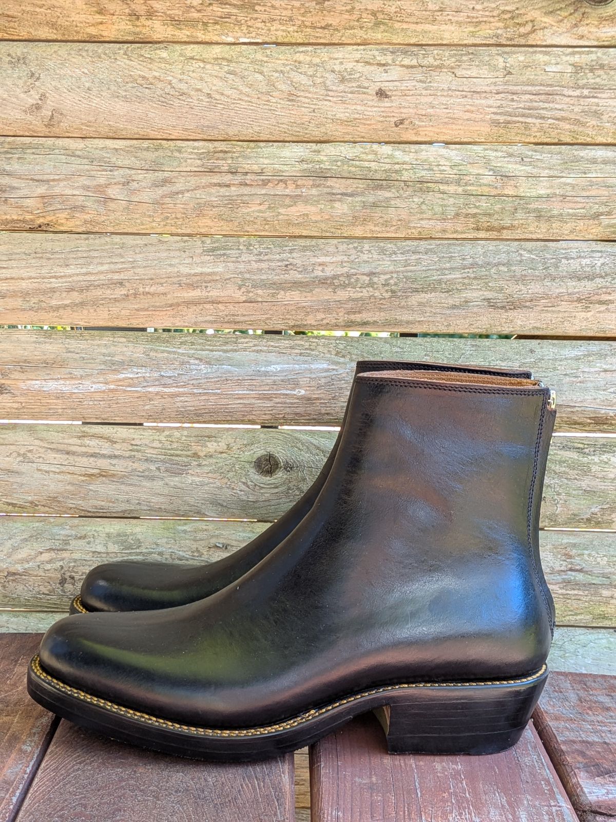 Photo by jacktheenthusiast on October 4, 2025 of the Fortis Boots Whole Cut Back Zipper Boots in Overdyed Black Indonesian Leather.