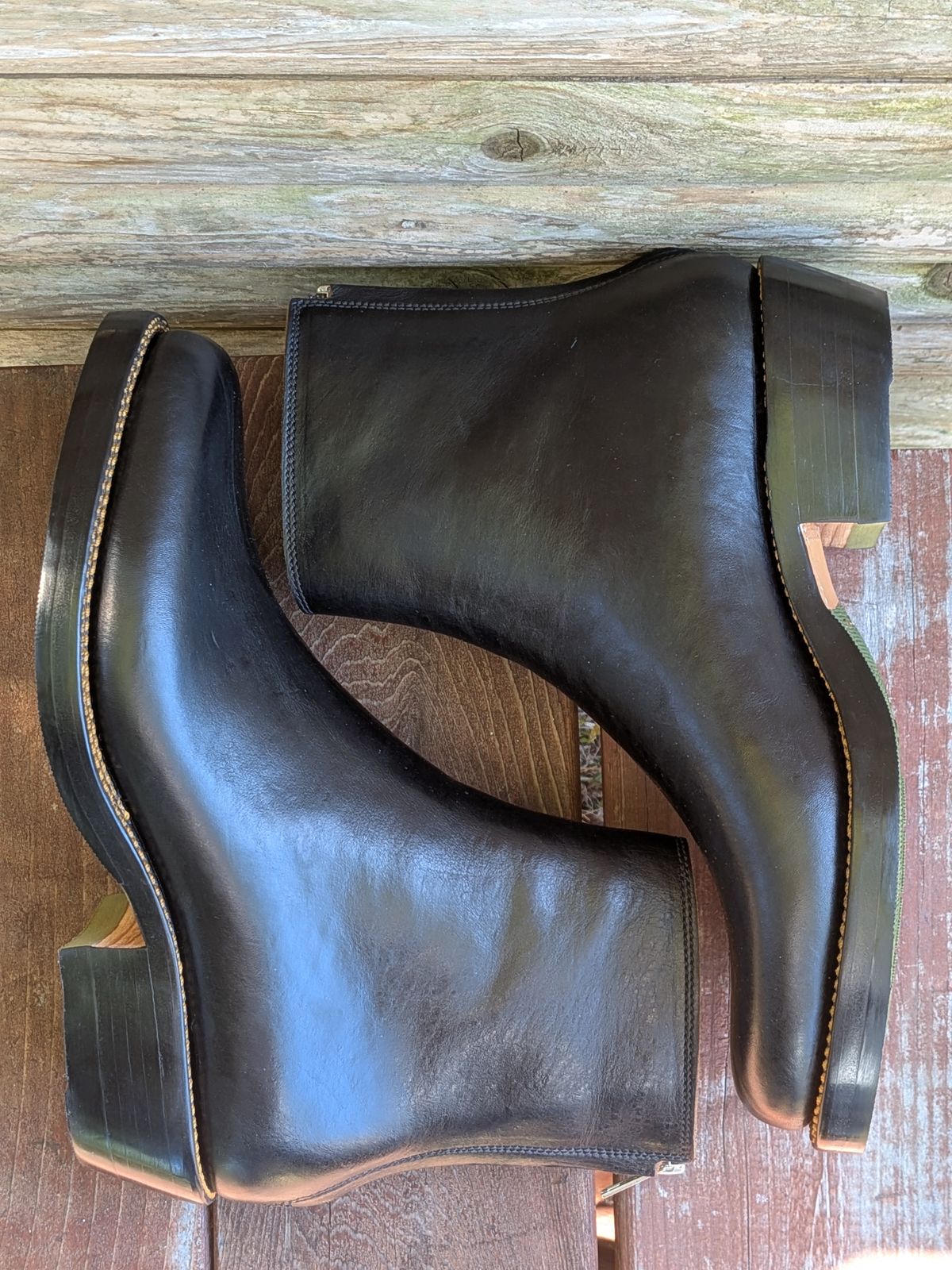 Photo by jacktheenthusiast on October 4, 2025 of the Fortis Boots Whole Cut Back Zipper Boots in Overdyed Black Indonesian Leather.