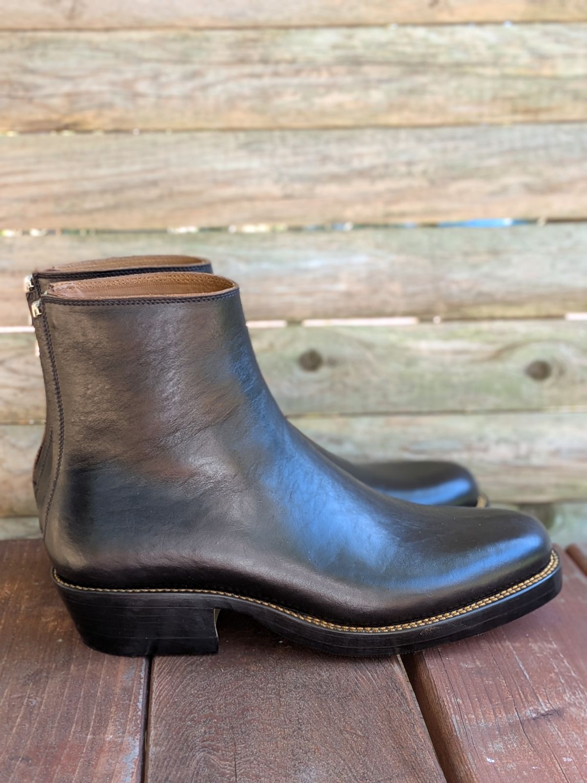 Photo by jacktheenthusiast on October 4, 2025 of the Fortis Boots Whole Cut Back Zipper Boots in Overdyed Black Indonesian Leather.
