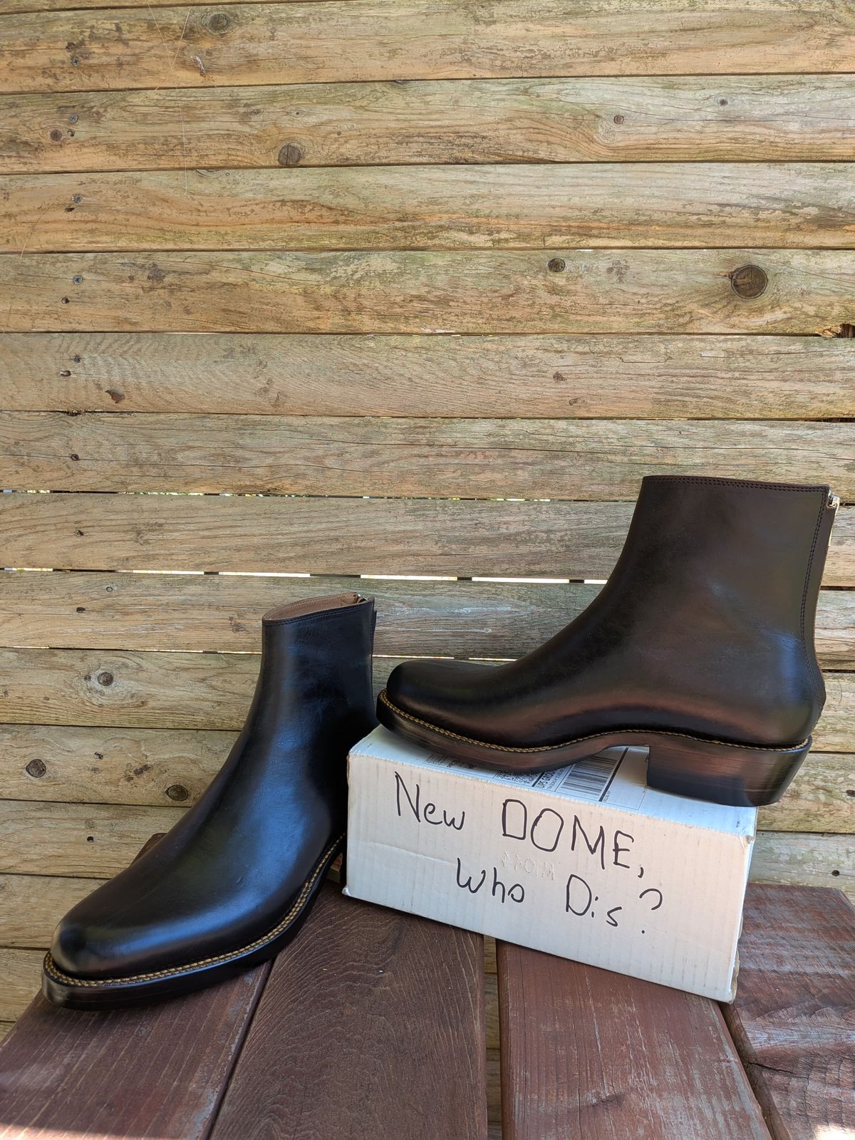 Photo by jacktheenthusiast on October 4, 2025 of the Fortis Boots Whole Cut Back Zipper Boots in Overdyed Black Indonesian Leather.