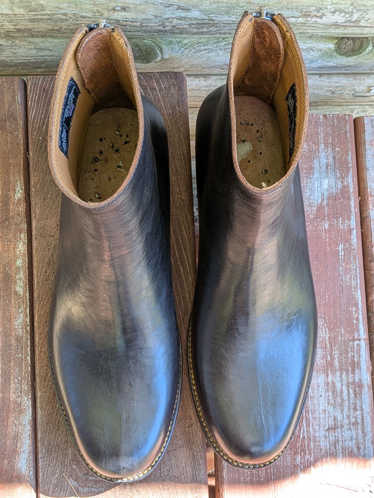 Photo by jacktheenthusiast on October 4, 2025 of the Fortis Boots Whole Cut Back Zipper Boots in Overdyed Black Indonesian Leather.