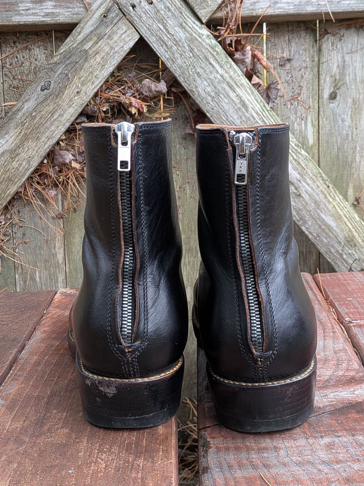Photo by jacktheenthusiast on November 5, 2025 of the Fortis Boots Whole Cut Back Zipper Boots in Overdyed Black Indonesian Leather.