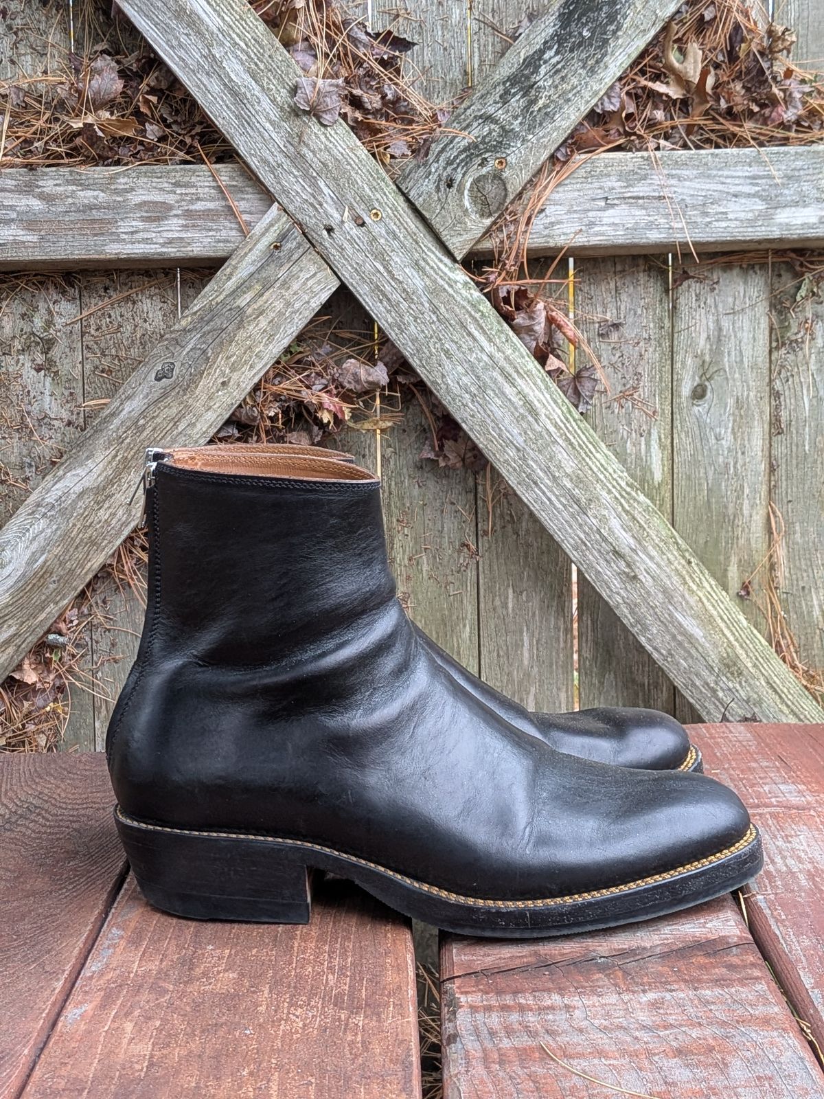 Photo by jacktheenthusiast on November 5, 2025 of the Fortis Boots Whole Cut Back Zipper Boots in Overdyed Black Indonesian Leather.
