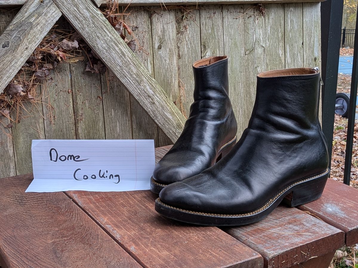 Photo by jacktheenthusiast on November 5, 2025 of the Fortis Boots Whole Cut Back Zipper Boots in Overdyed Black Indonesian Leather.