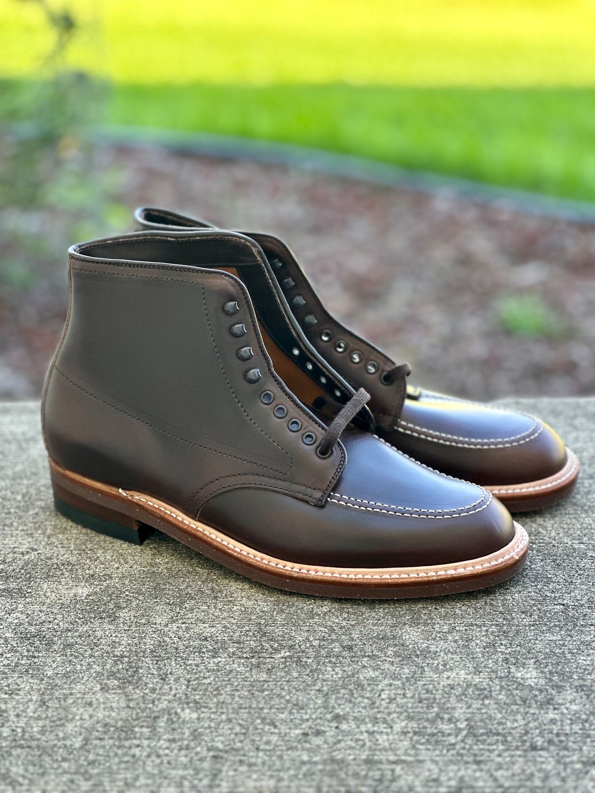Photo by Wes on October 1, 2023 of the Alden Indy Boot in Horween Brown Chromexcel.