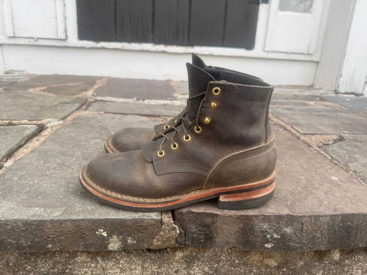 Photo by thewampus on December 1, 2024 of the Nicks MTO in Horween Steel Predator.