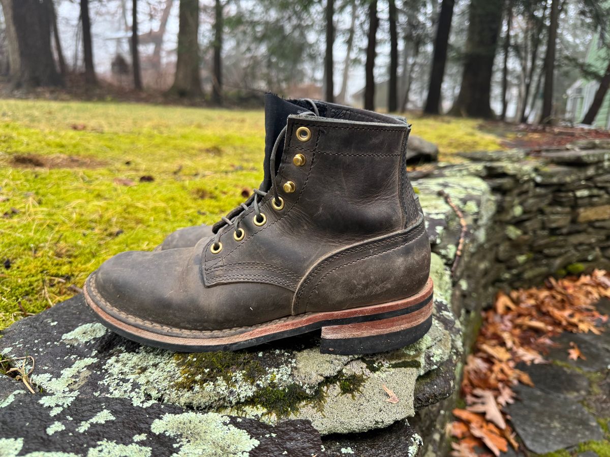 Photo by thewampus on January 1, 2025 of the Nicks MTO in Horween Steel Predator.