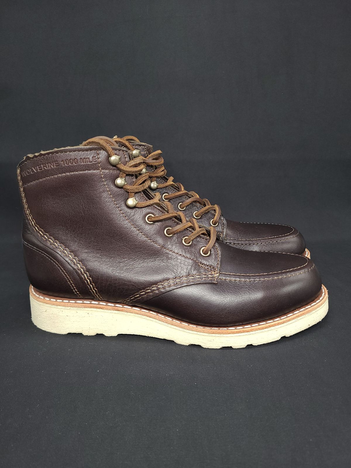 Photo by TheSlickBastard on October 2, 2022 of the Wolverine 1000 Mile Moc-Toe Boot in Horween Arabica Lux Calfskin.